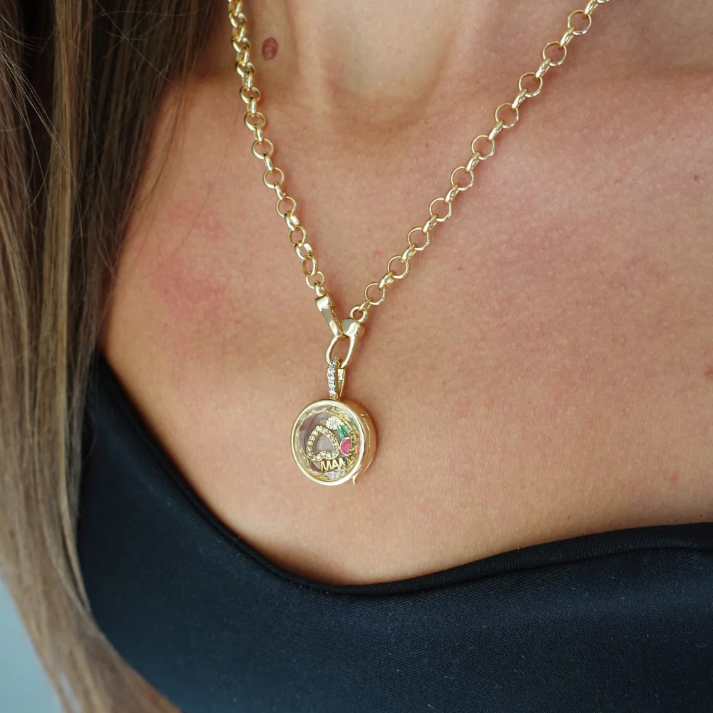 Collier Médaillon à Personnaliser avec ses Breloques - En Verre Plaqué Or